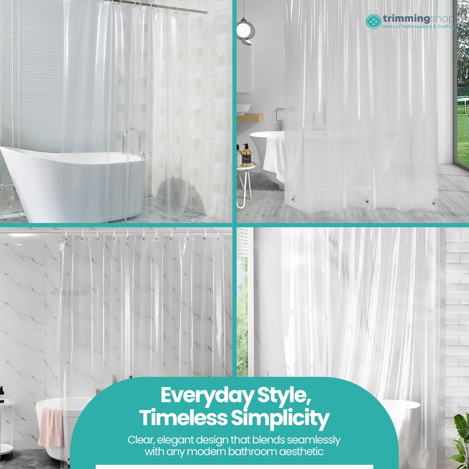 image 1 of PEVA Transparent Bathroom Shower Curtain with 12 Hooks - 180x200cm
