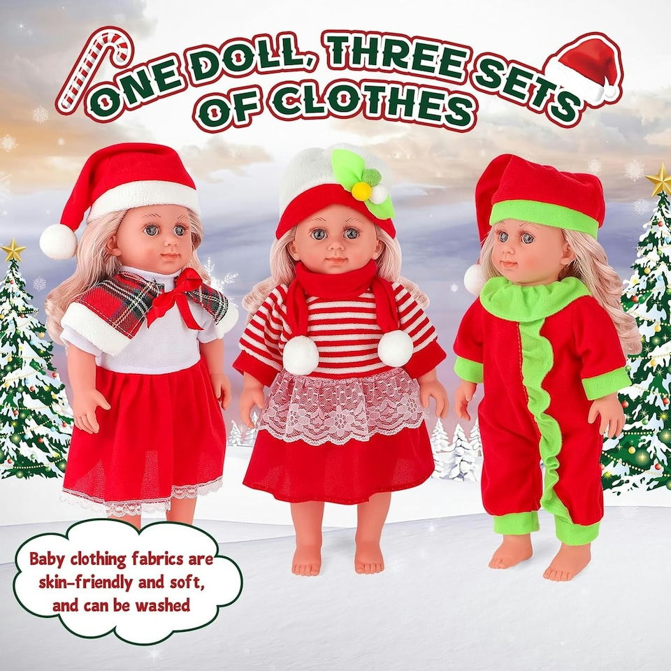 image 1 of Christmas Baby Doll Toy Set dress-up doll Toddler Kids Gift Birthdays play set 3 Set Dolls Clothes and fun accessories