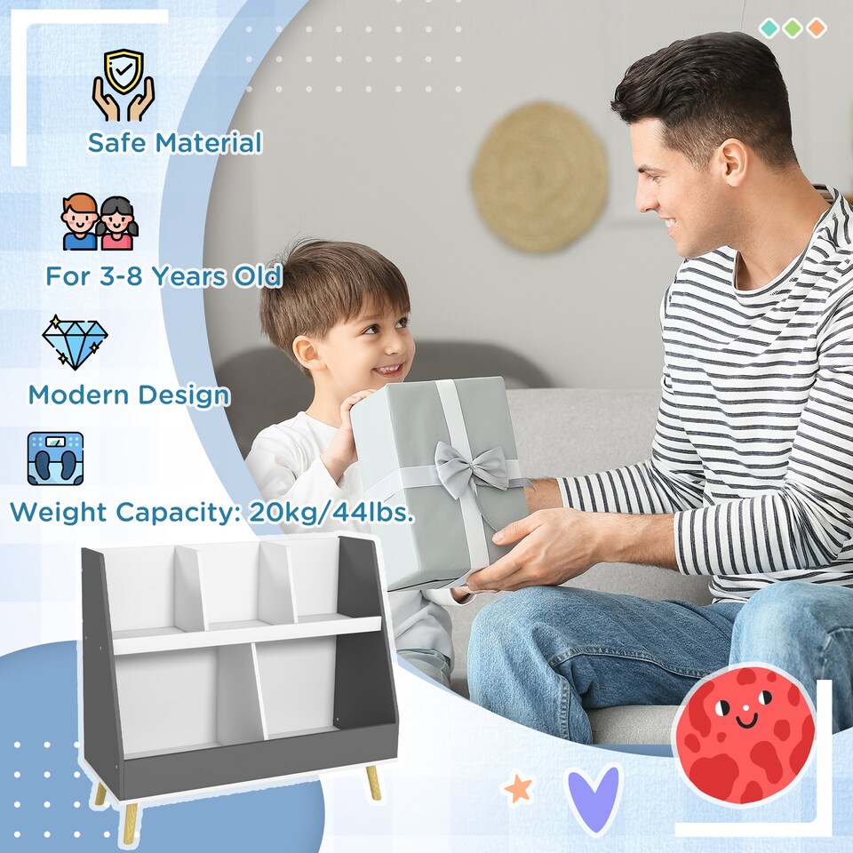 image 1 of HOMCOM Kids Storage Shelf, 2-Tier Kids Book Shelf with 5 Compartments, Anti-Tip Device, Pine Wood Legs, for Nursery, Playroom, Classroom - Grey
