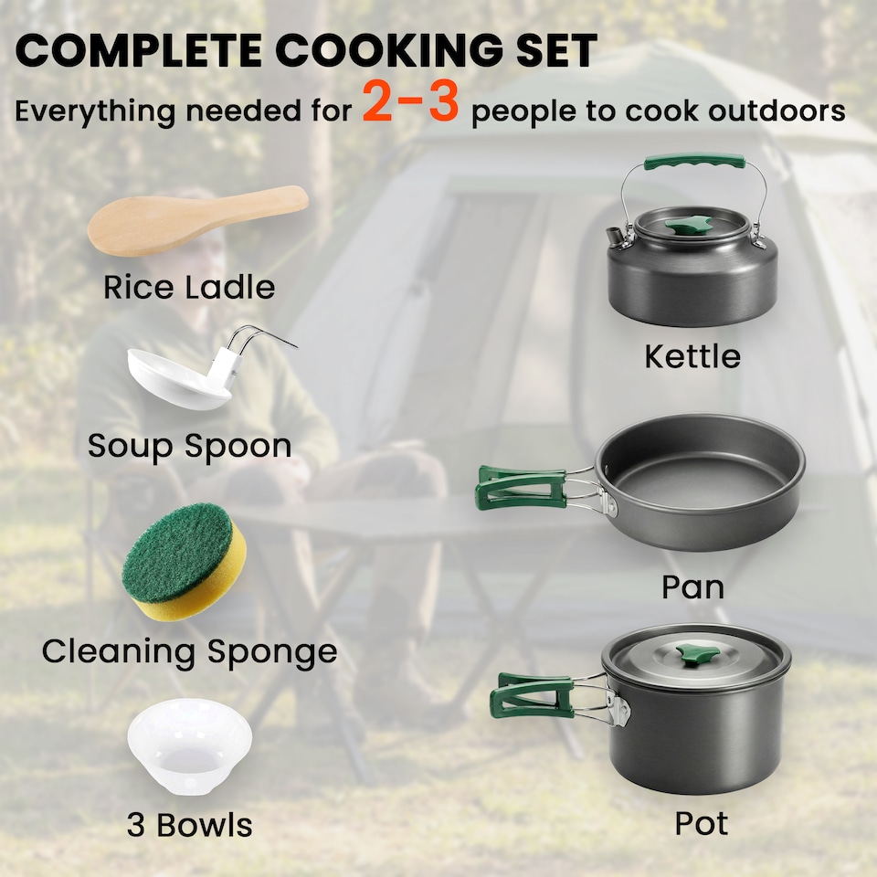 image 1 of Outsunny Camping Cookware Set for 2-3 People, Camping Cooking Kit, Grey | Grey | Grey, Army Green | Φ19 x 10 cm