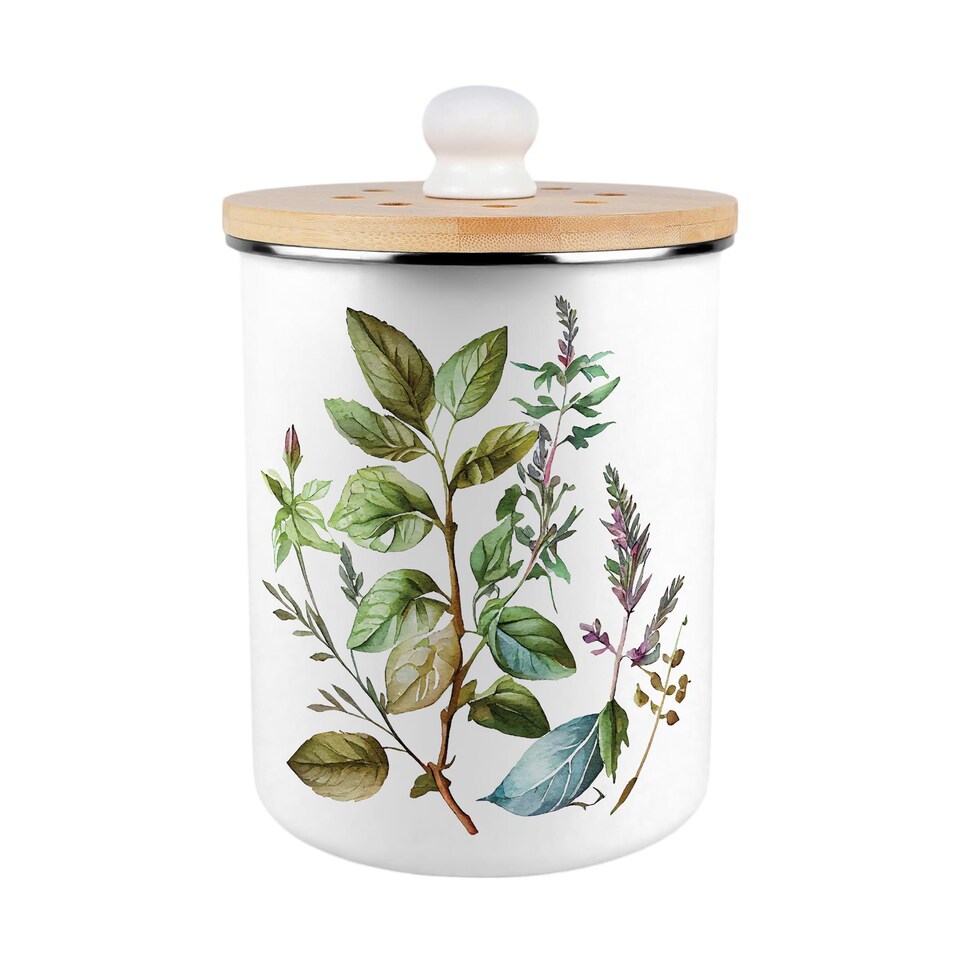 image 1 of Watercolour Herbs Food Waste Caddy - Metal 2L Decorative Kitchen Compost Bin