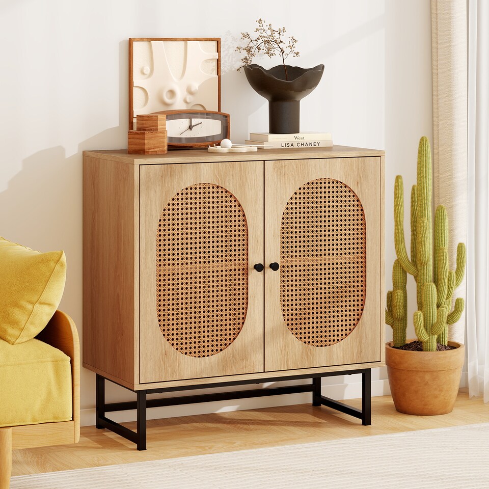 image 1 of COSTWAY Rattan Storage Cabinet 2 Door Buffet Sideboard w/Adjustable Shelf
