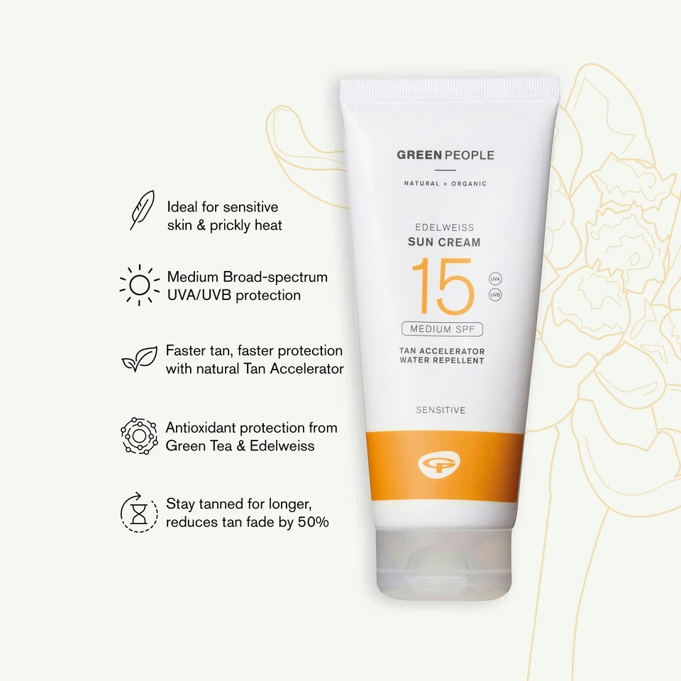 image 1 of Green People Edelweiss Sun Cream with Tan Accelerator - SPF15 - Natural Sunscreen Suitable for Sensitive Skin - Reef Safe & Cruelty Free, 200ml