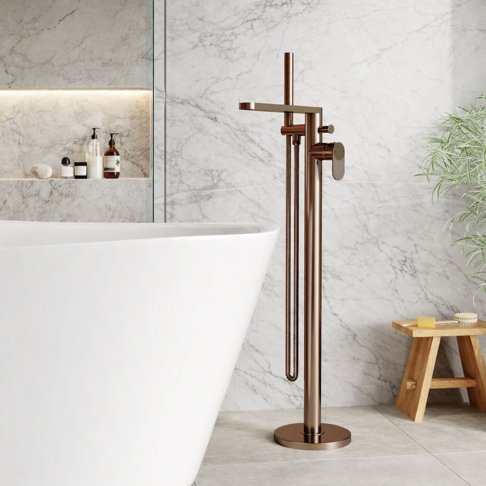 image 1 of Balterley Modern Freestanding Round Bath Shower Mixer Tap with Fluted Lever Handle and Kit | Brown | Brushed Bronze