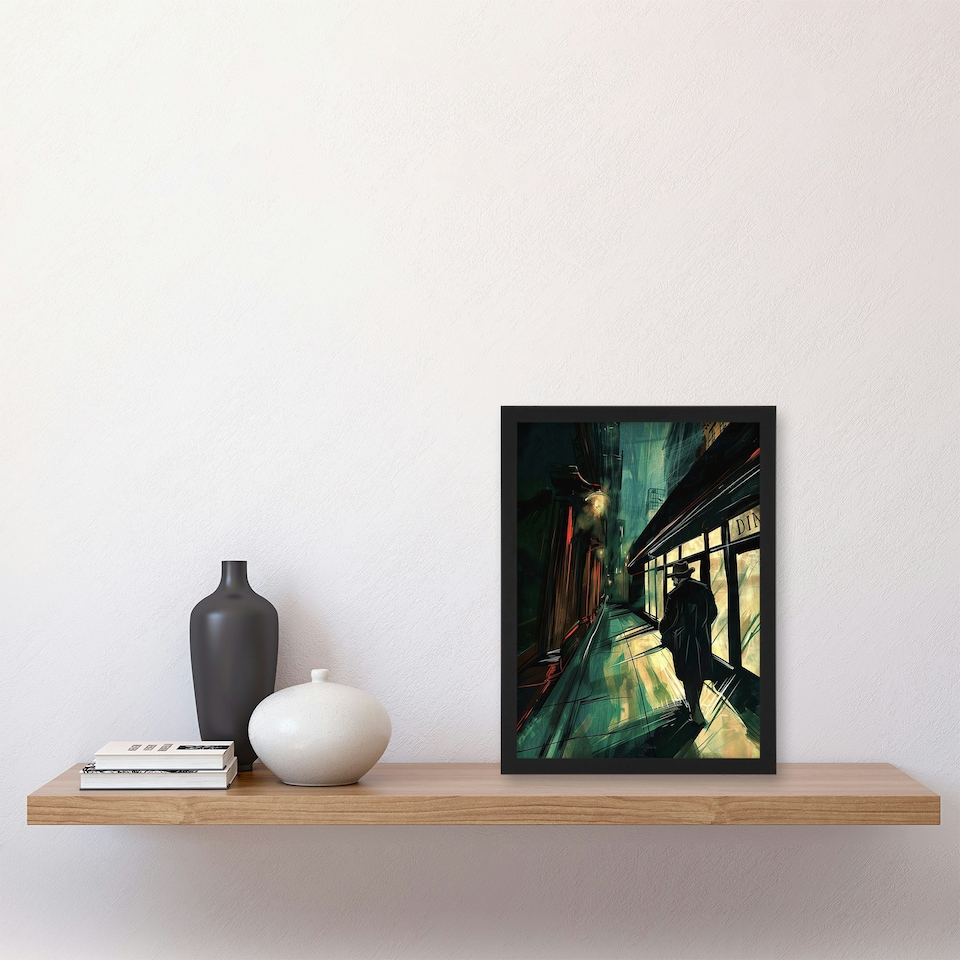 image 1 of Moody Stroll Alleyway Dark Film Noir Living Room Black Framed Wall Art Print A4