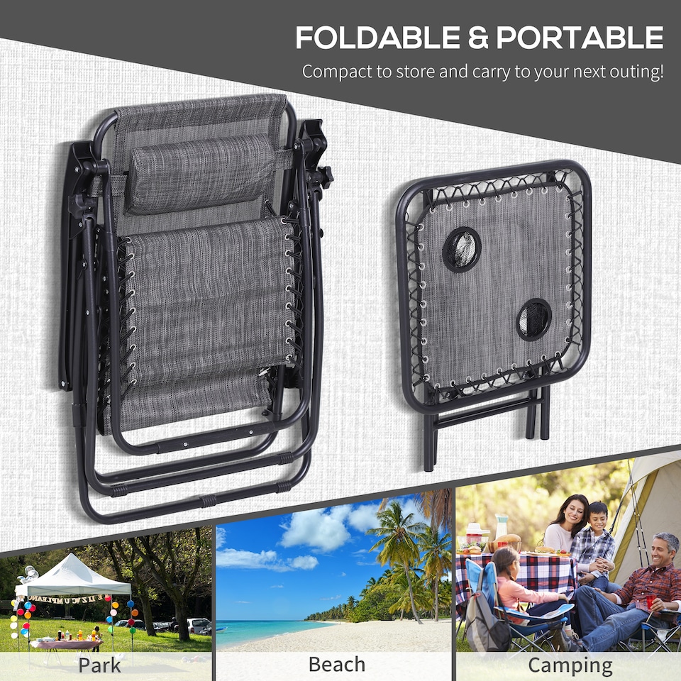 image 1 of Outsunny Folding Zero Gravity Chairs, 3 Pieces Adjustable Sun Lounger and Table Set with Cup Holder and Headrest, Patio Bistro Set with Reclining Garden Chairs for Outdoor, Light Grey