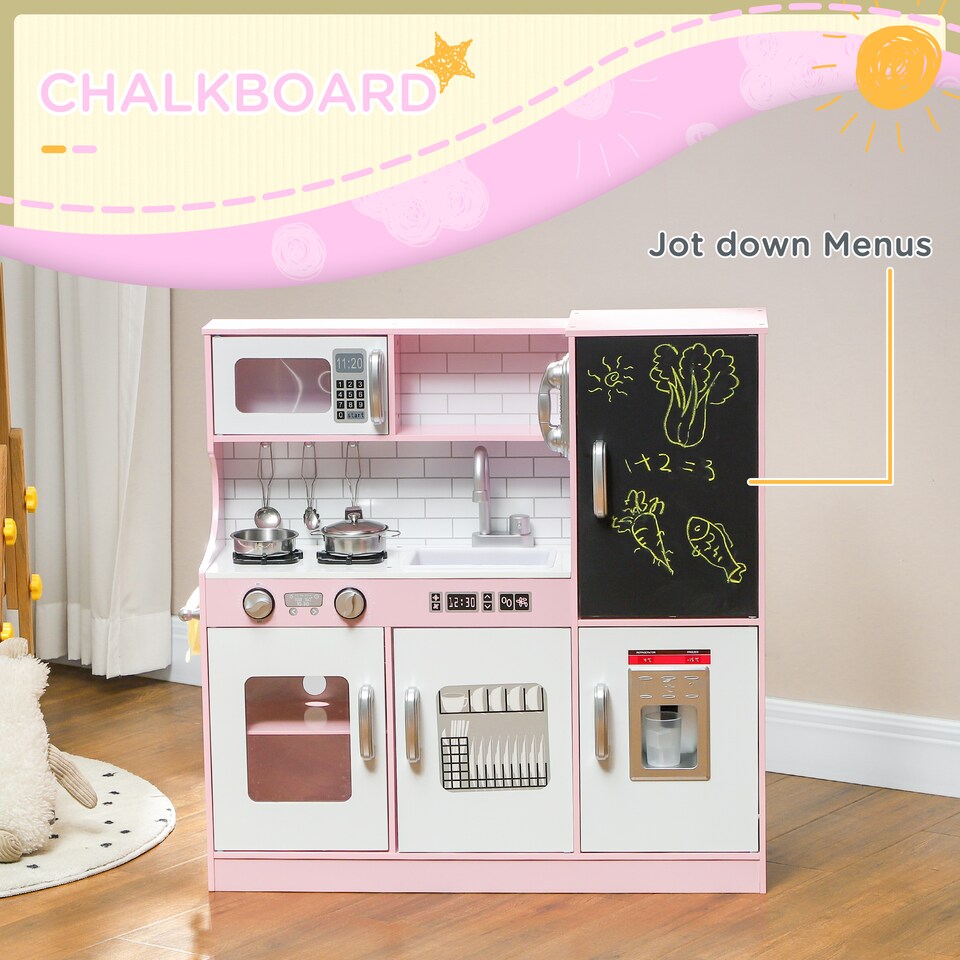 image 1 of AIYAPLAY Play Kitchen, Kids Kitchen Playset Toy with Chalkboard, Toy Phone, Microwave, Ice Maker, Cooking Stoves, Sink, for Boys Girls Ages 3-8 Years, Pink | Pink | Pink