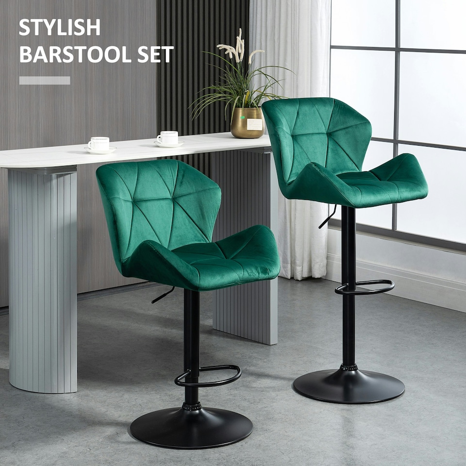 image 1 of HOMCOM Set Of 2 Luxurious Velvet-Touch Bar Stools Metal Frame Footrest Green