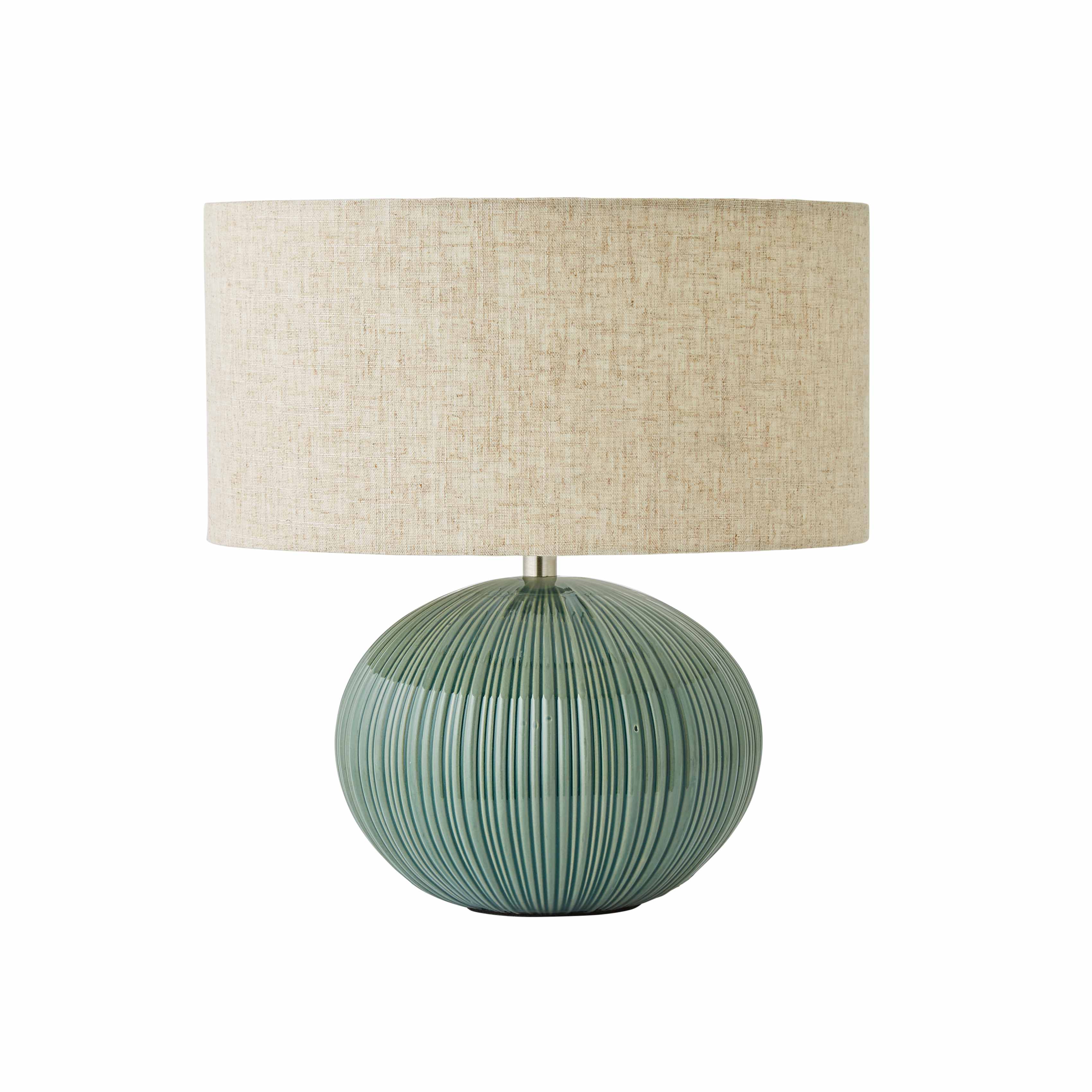 ValueLights Rebecca Green Ribbed Ceramic Table Lamp with Linen Drum Shade & Bulb in Dark Green