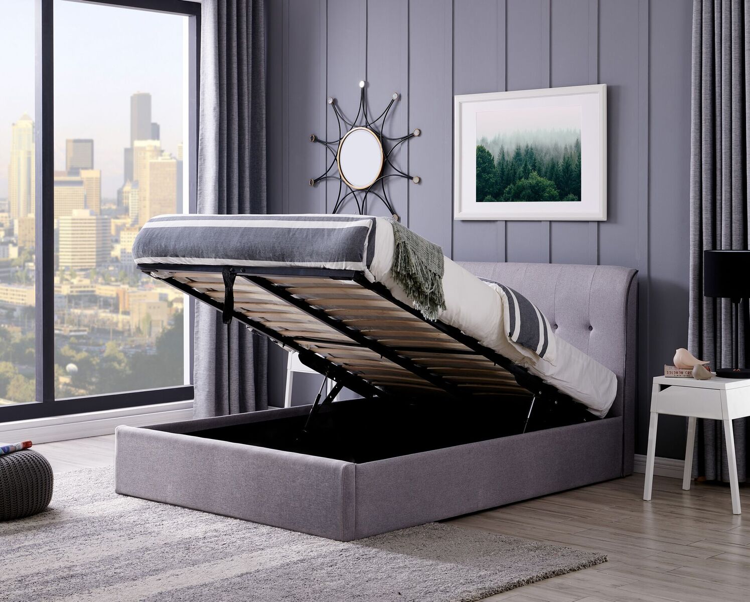 4ft6 Double Grey linen fabric upholstered gas lift up ottoman bed frame, Buttoned back, high head end