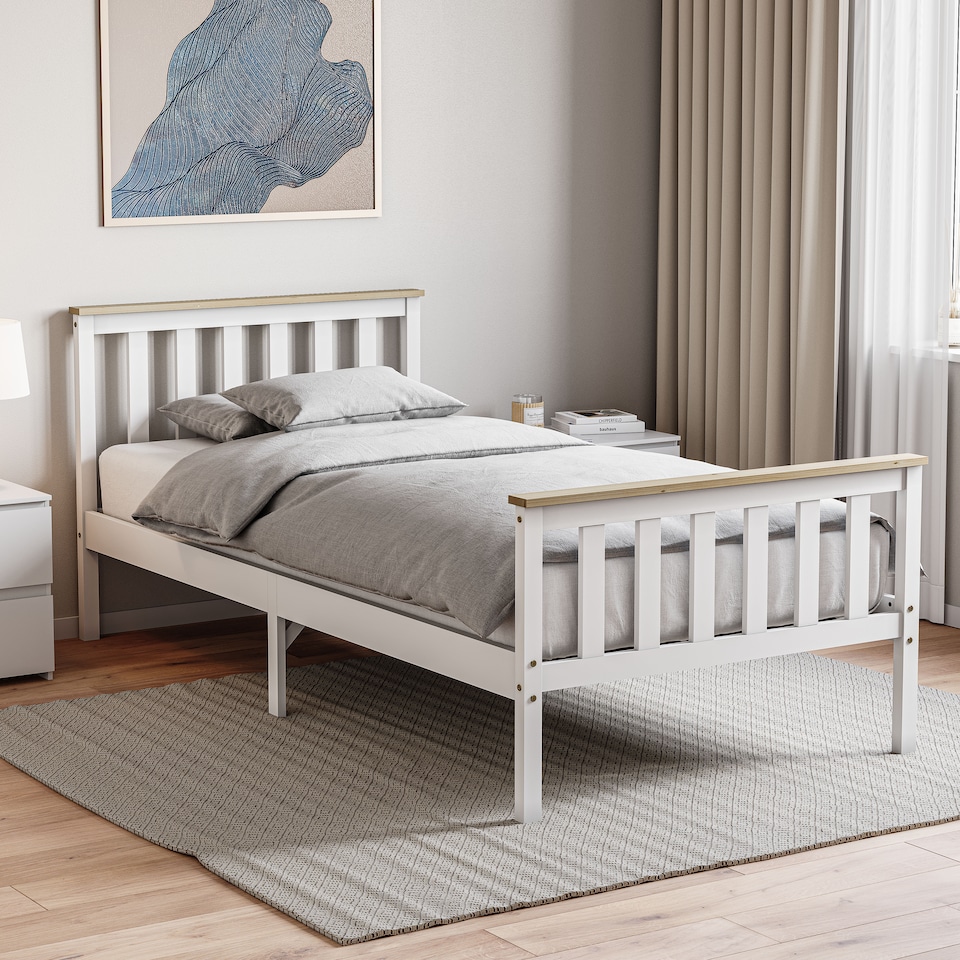 image 1 of Vida Designs Milan 3ft Single Bed Wood Frame, High Foot End, White & Pine, 90 x 190cm