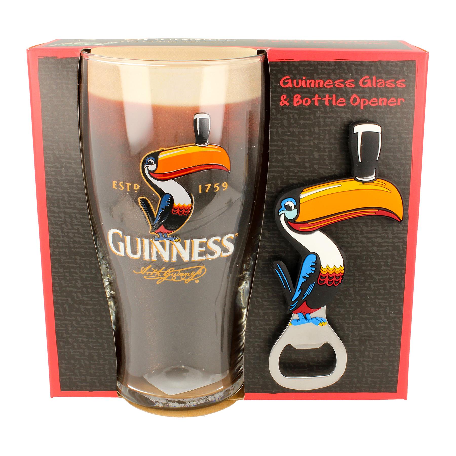 Guinness Toucan Pint Glass Set with Bottle Opener - 2 Piece Large Reusable Glass Craft Beer Drinking Tulip Lager Ale Pub Kitchen Tumbler Cups Set