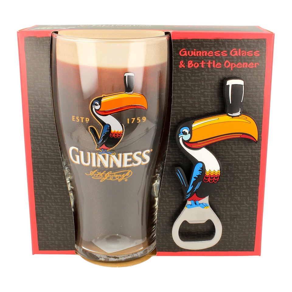 image 1 of Guinness Toucan Pint Glass Set with Bottle Opener - 2 Piece Large Reusable Glass Craft Beer Drinking Tulip Lager Ale Pub Kitchen Tumbler Cups Set