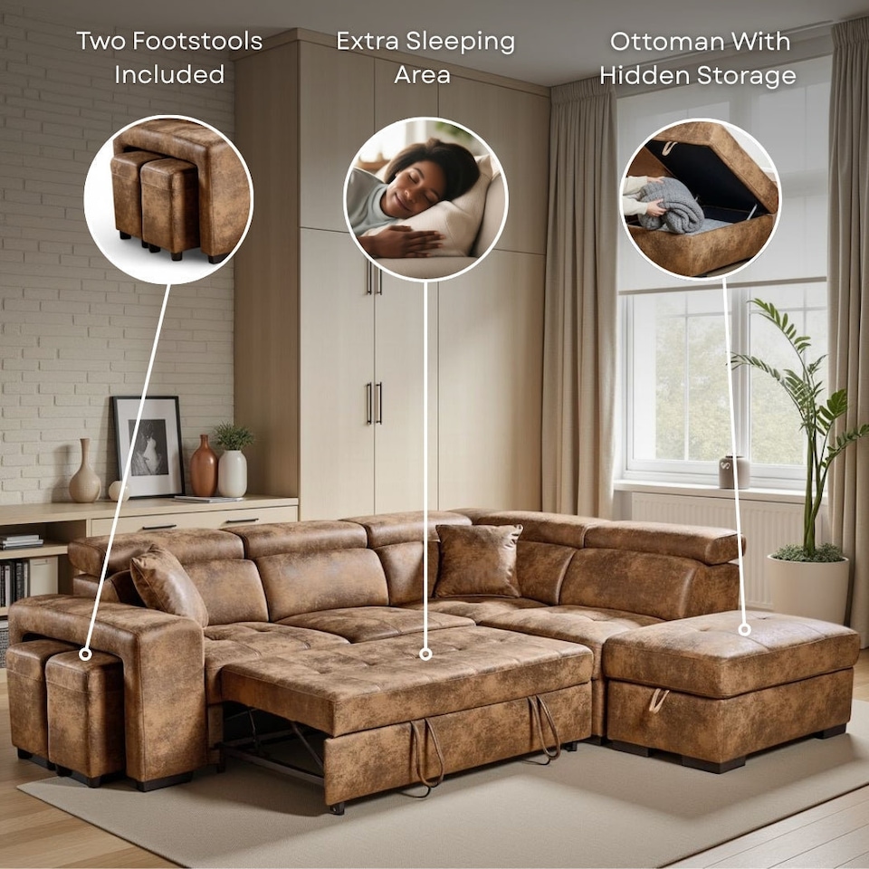 image 1 of Faux Leather Suede Brown 2C1 Corner Sofabed with Storage and Ottomans AMELIA