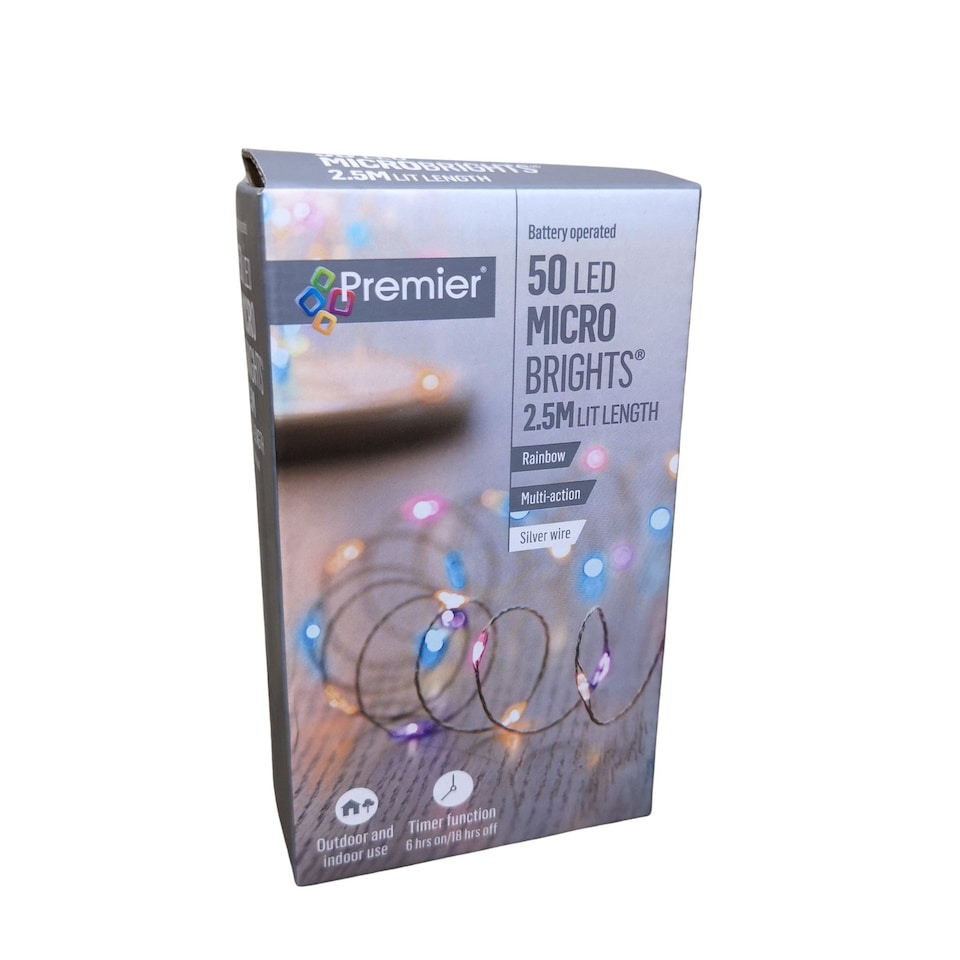 image 1 of 50 LED 2.5m Premier MicroBrights Indoor Outdoor Christmas Multi Function Battery Operated Lights with Timer on Pin Wire in Rainbow