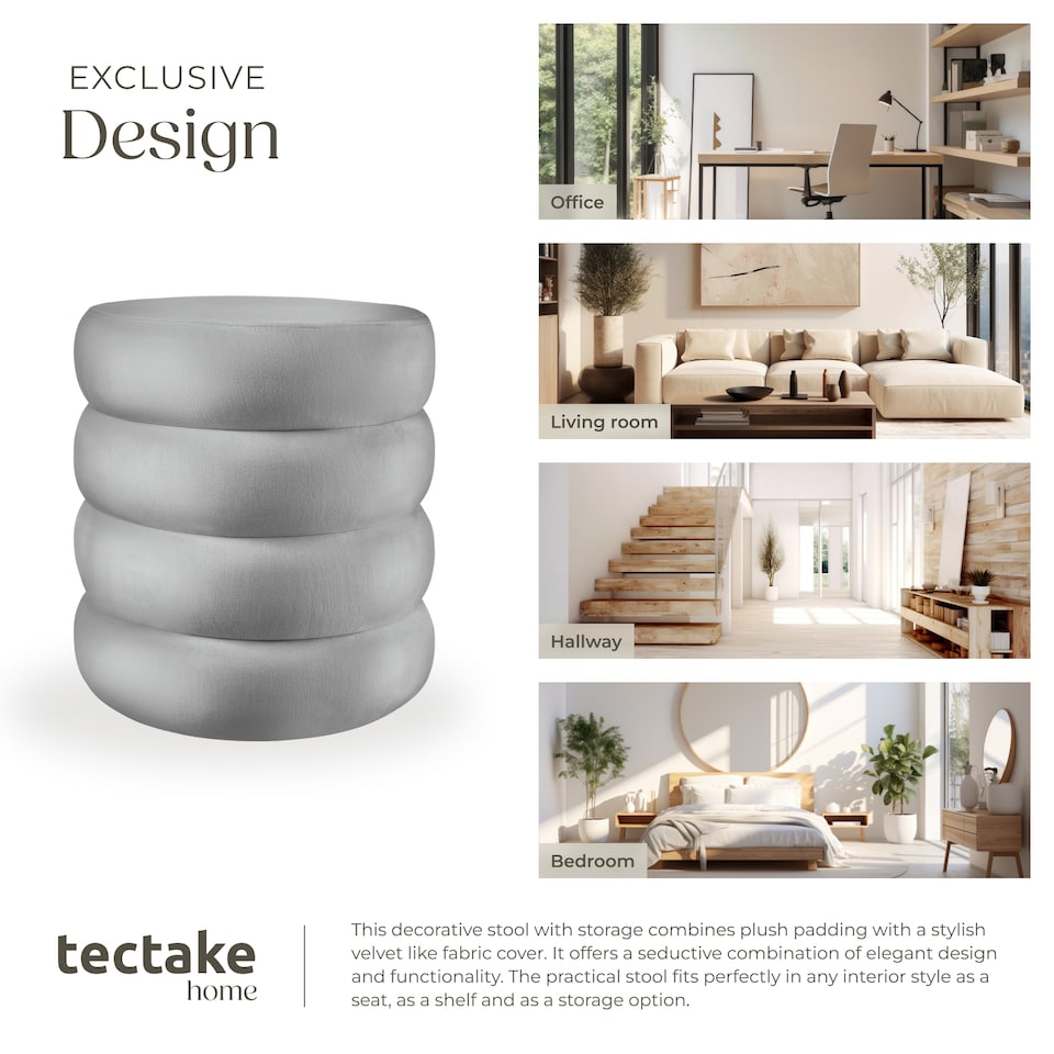 image 1 of Stool Altu - padded seat, large storage space | Grey | velvet look grey | 42 x 42 x 47 cm | 1