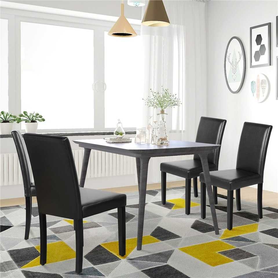image 1 of Yaheetech Set of 4 Fabric Upholstered Dining Chairs with Solid Wood Legs Black