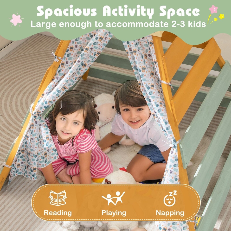 image 1 of COSTWAY Wooden Play Tent Indoor Kids Teepee Tent Triangle Hideaway Playhouse