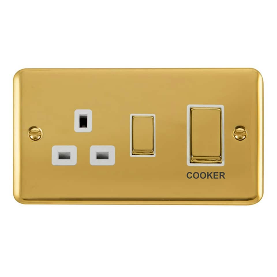 SE HOME Curved Polished Brass Cooker Control Ingot 45A With 13A Switched Plug Socket White | Polished Brass