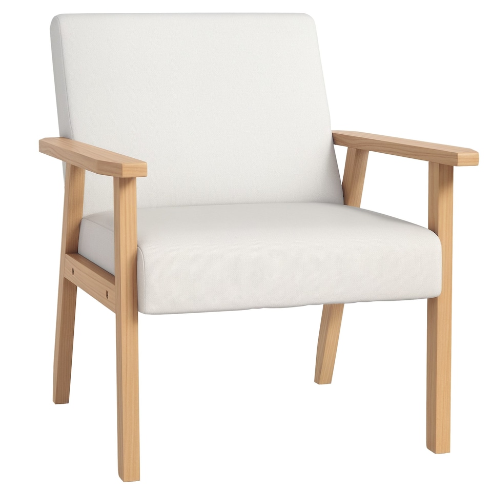 image 1 of HOMCOM Accent Chair with Wood Frame Wide Seat Linen Armchair Cream White