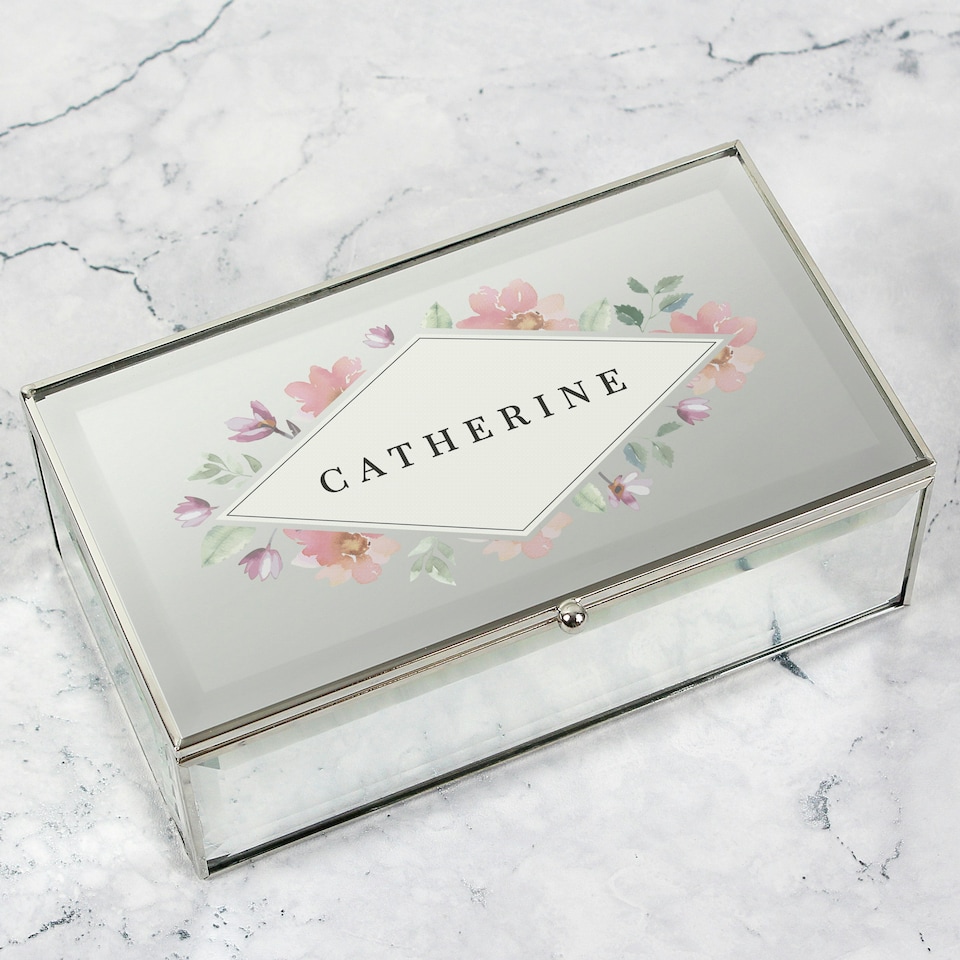 image 1 of Personalised Floral Watercolour Mirrored Jewellery Box