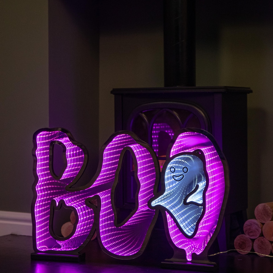 image 1 of 60cm Light up Halloween BOO Infinity Decoration with Pink and White LEDs