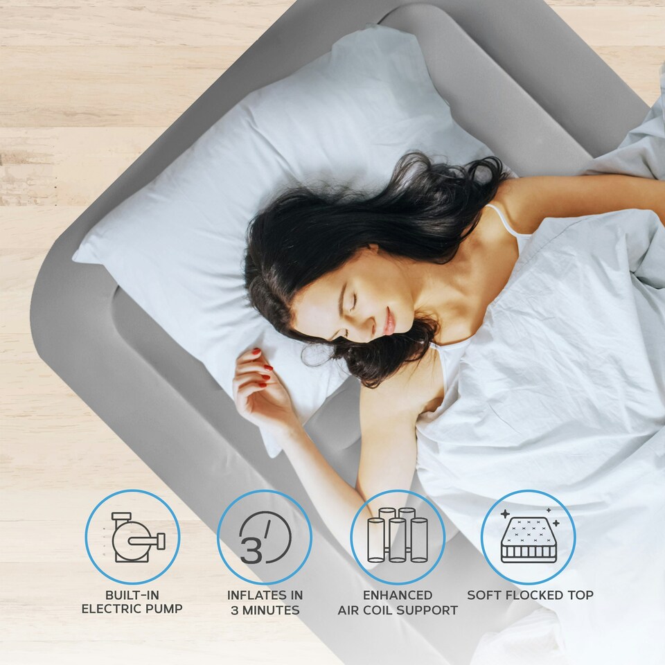 image 1 of Get Fit Air Bed with Built In Electric Pump - Premium Single Size - Blow Up Bed with Free Pillow - Elevated Inflatable Air Mattress for Outdoor - Black/Grey