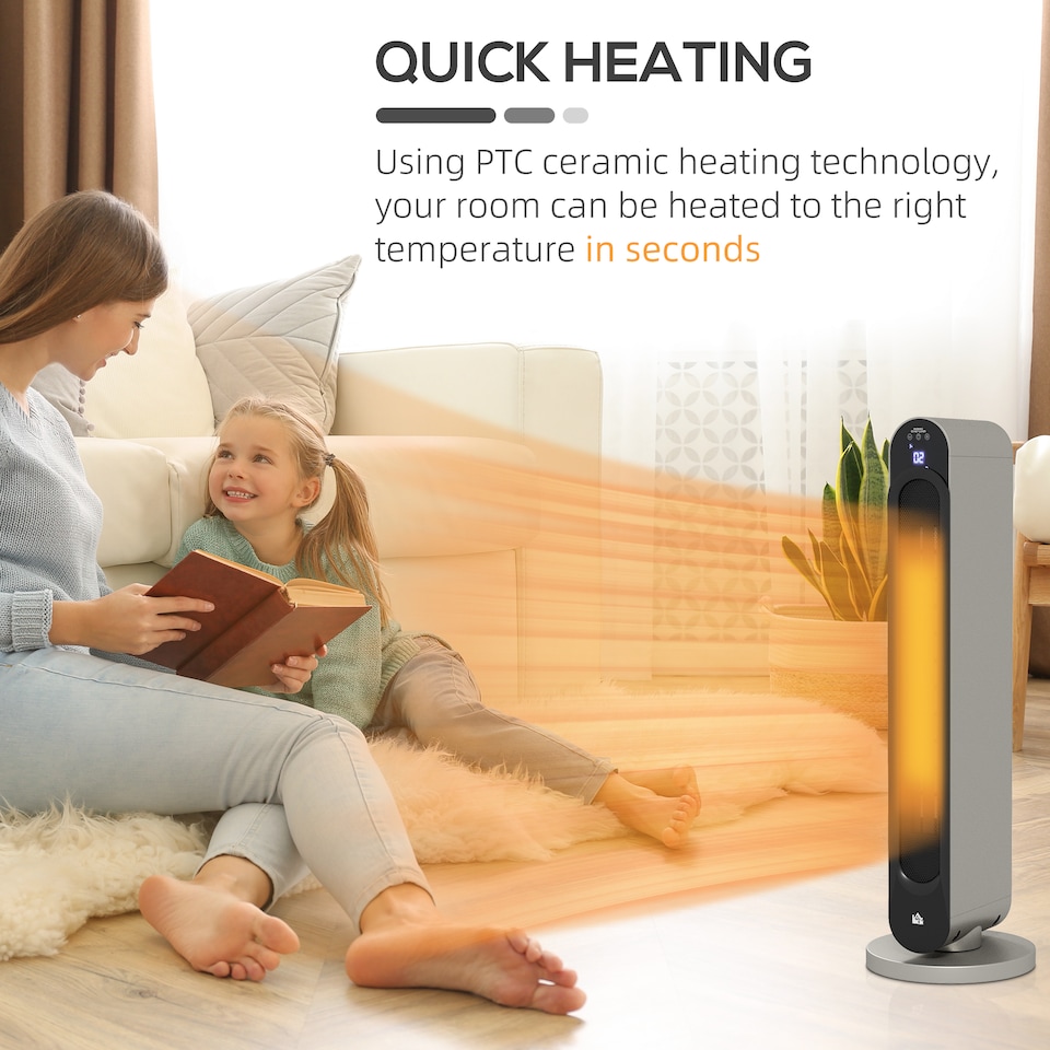 image 1 of HOMCOM 30 Inch Electric Heater with Fan, 2200W Ceramic Tower Heater with Remote Control, 45 Oscillation 12-Hour Timer, Energy Efficient, Overheat Tip Over Protection for Home, Silver Tone