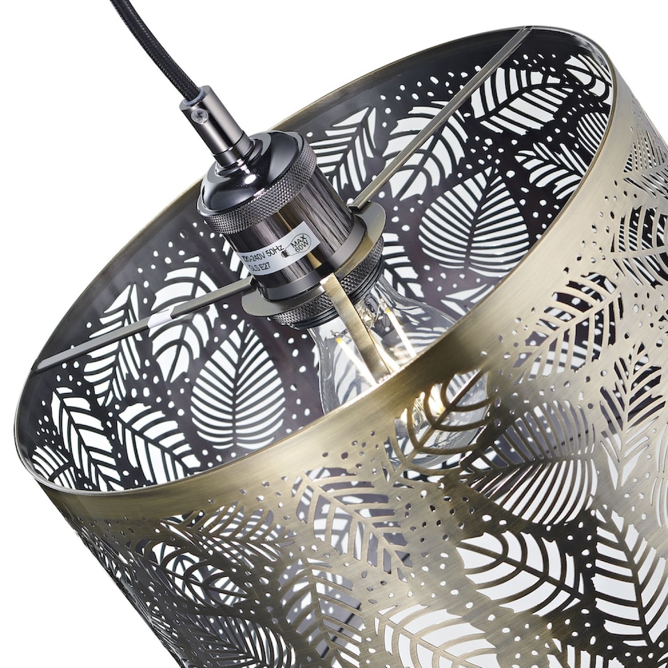 image 1 of Contemporary Antique Brass Metal Pendant Light Shade with Fern Leaf Decoration | Gold | Antique Brass | 1