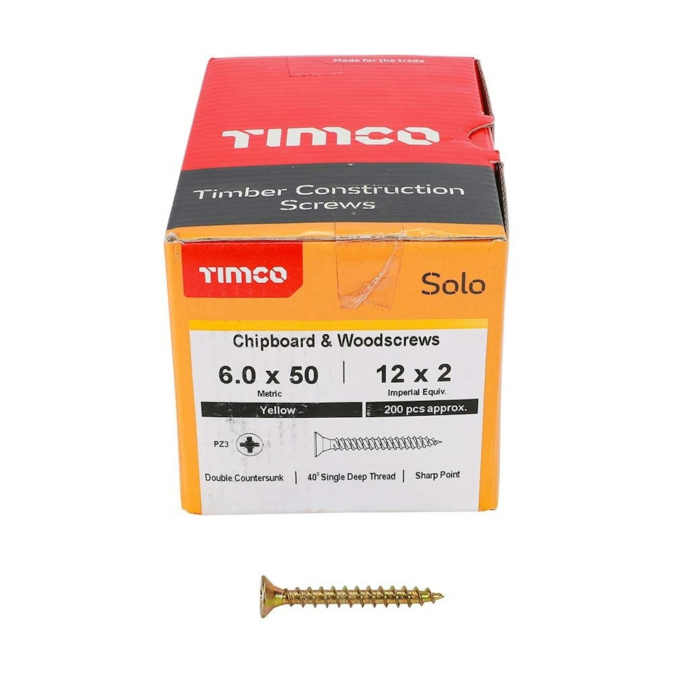 image 1 of Timco - Solo Chipboard & Woodscrews - PZ - Double Countersunk - Yellow (Size 6.0 x 50 - 200 Pieces)