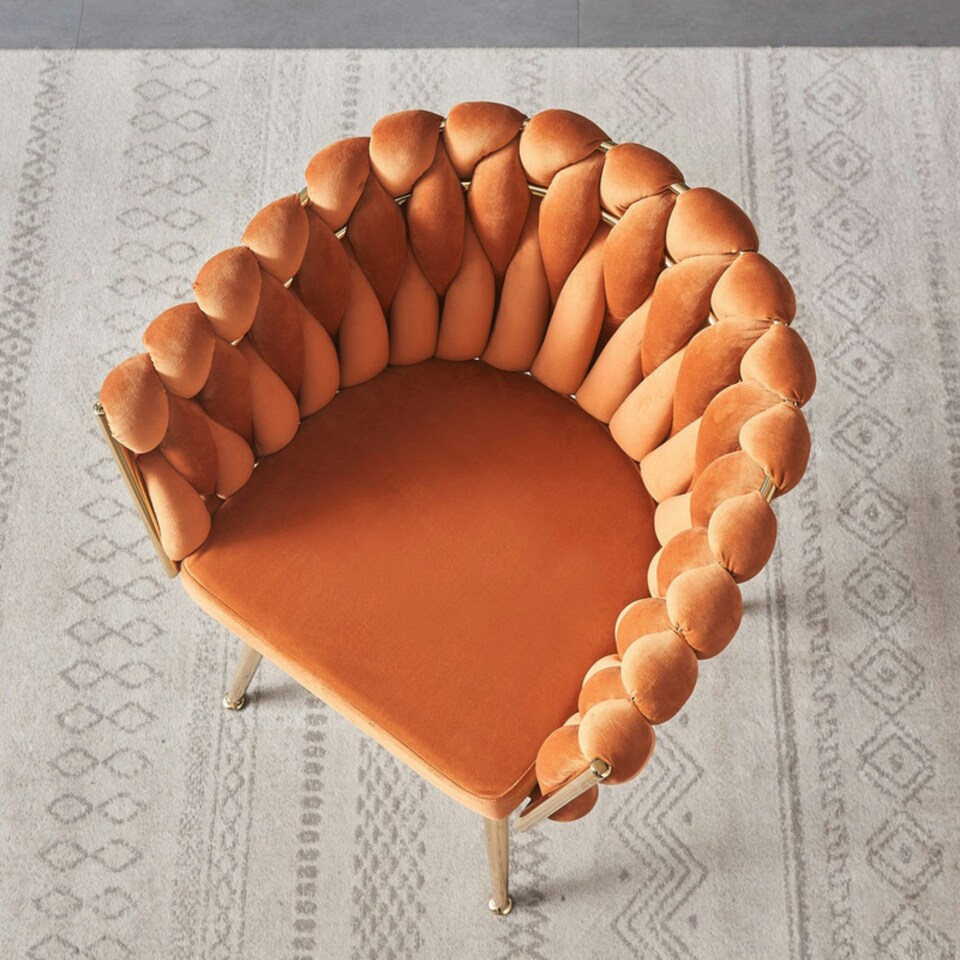 image 1 of Single Roma Knot Velvet Armchair with Gold Metal Legs, Modern Tufted Design for Living Room Orange