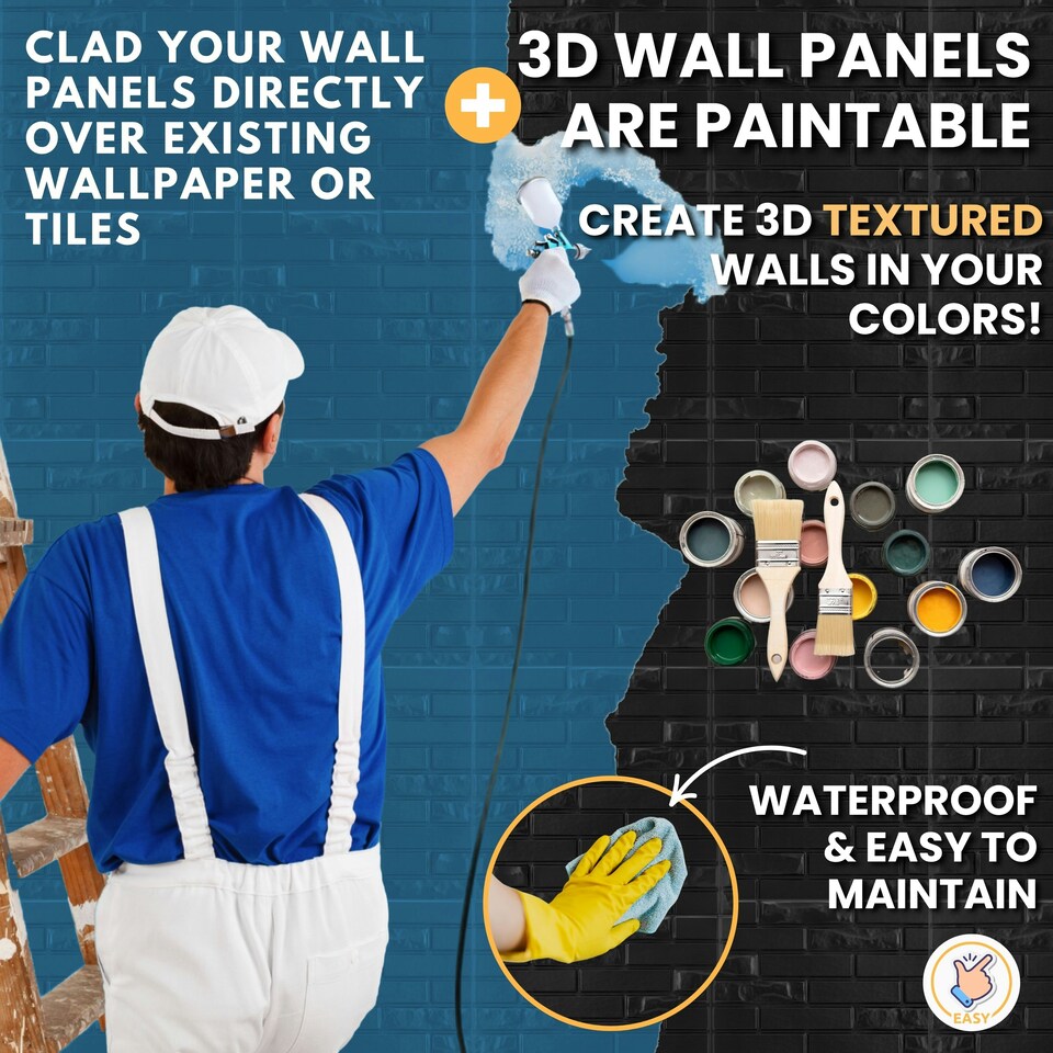 image 1 of NOVECRAFTO Brick Effect 3D Wall Panels – 6 Sheets Covering 1.5m² | 16.15ft² Interior Cladding Set | Urban Brick Design – Each Panel 50x50cm Urban Brick Black