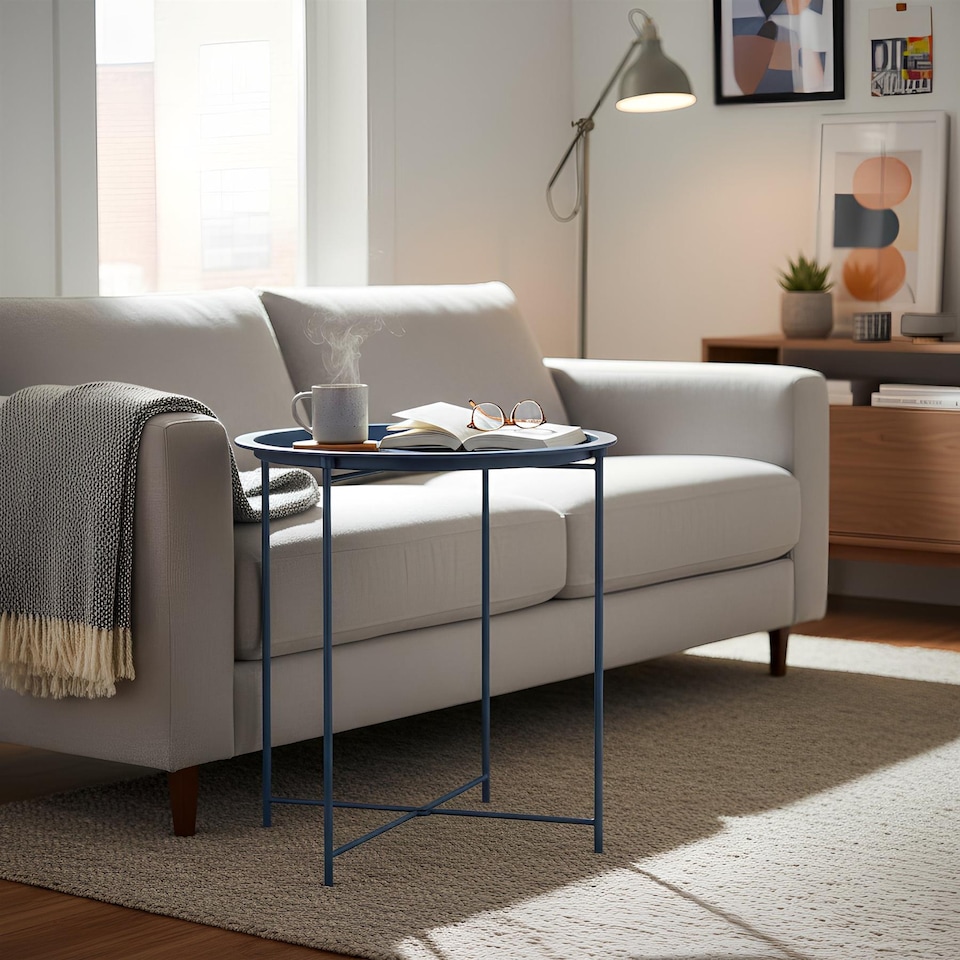 image 1 of Harbour Housewares Round Steel Tray Table - Matt Navy | Blue | Matt Navy