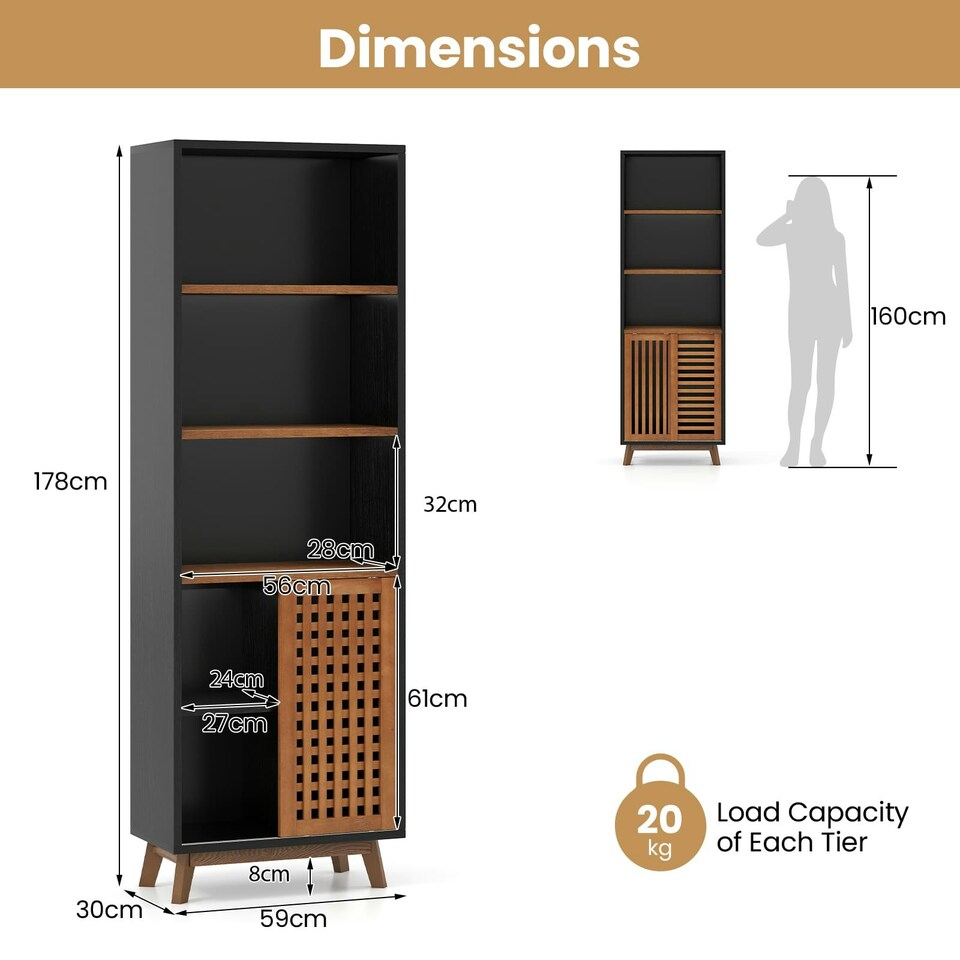 image 1 of COSTWAY Bookshelf 5-Tier Bookcase w/Reversible Shelf Black