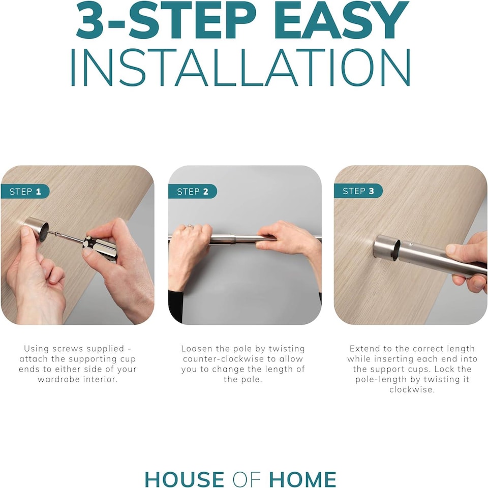 image 1 of House of Home Extendable Wardrobe Pole 34-53CM Adjustable Rail Hanger Steel Heavy Duty Easy Assemble | Chrome