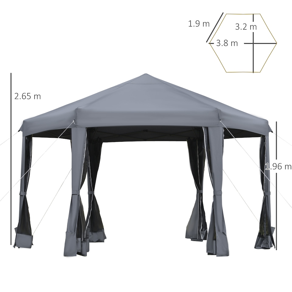image 1 of Outsunny 3.8m x 3.2m Pop Up Gazebo Hexagonal Canopy Tent Outdoor Sun Protection with 6 Mesh Sidewalls, Hand Bag, Grey