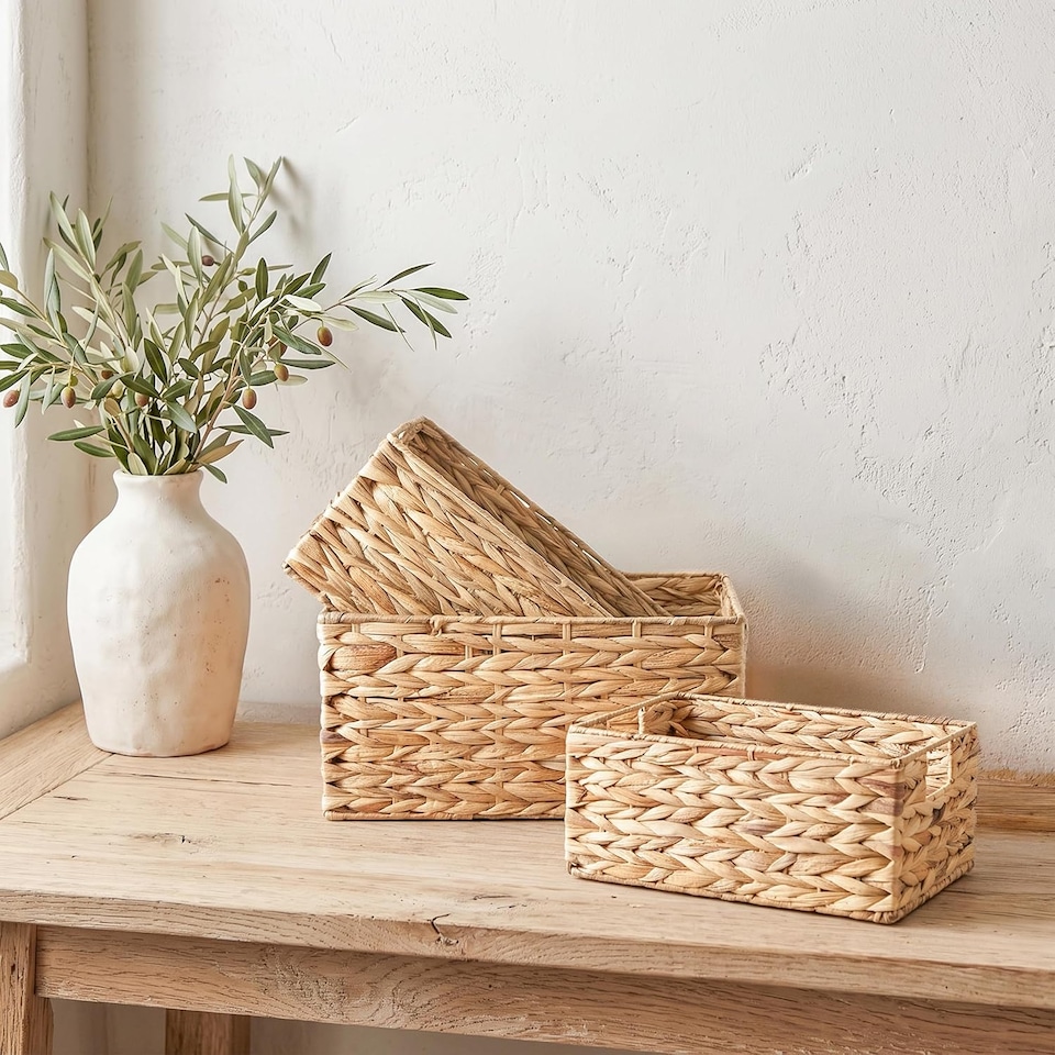 image 1 of Woven Water Hyacinth Organiser Storage Baskets Wicker Hamper Basket With handles Gift Basket Bathroom Toys (Medium)