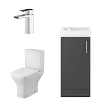 Cloakroom Floor Standing Vanity, Tap and Toilet - Gloss Grey | Grey | Gloss Grey