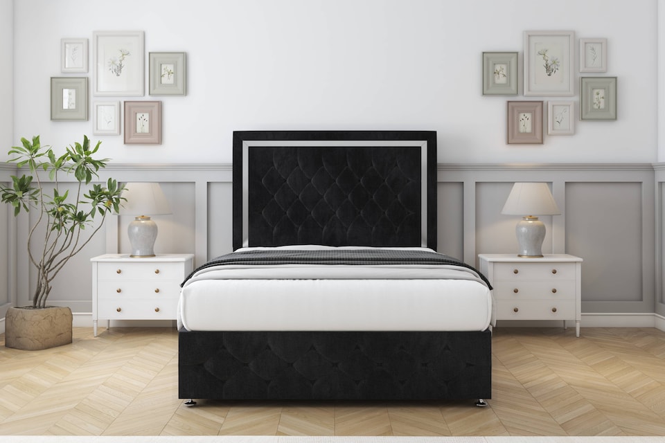 image 1 of Sloomy Sofia Chrome Black Naples Divan Bed With Mattress 2 Drawers Left Side With 26" Strutted Headboard & 12" Matching Footboard 6' Super King | Black | Black | Super King | 1