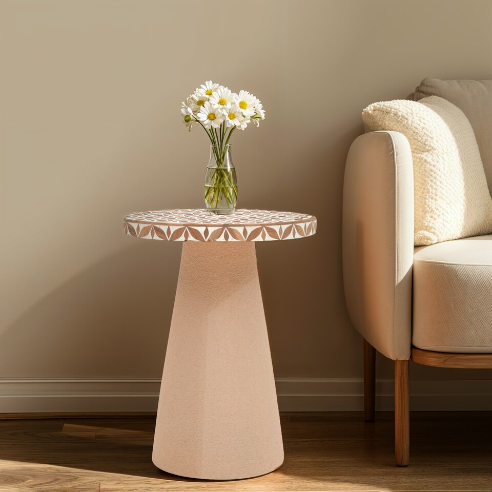 image 1 of Inlay Acacia Wood Floral Side Table Brown