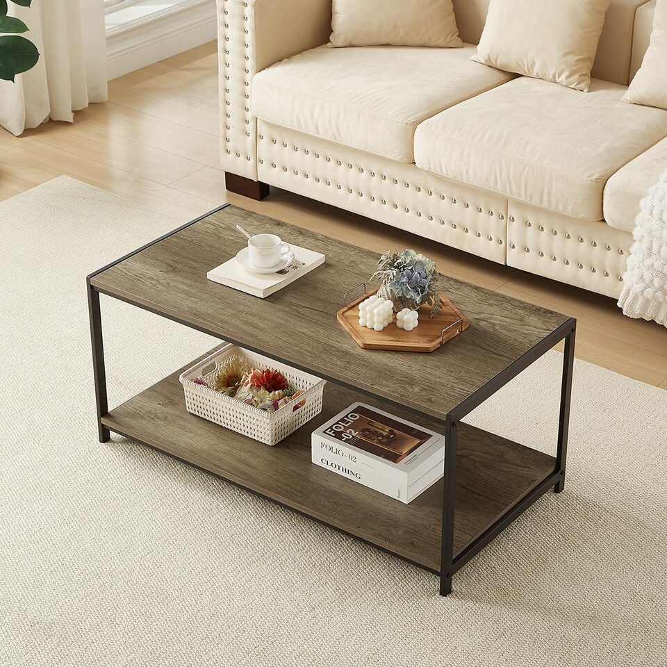 image 1 of House of Home Coffee Table Rustic Wooden Light Brown Grain Finish Living Room Storage Shelf 2 Tier | Brown | Light Brown