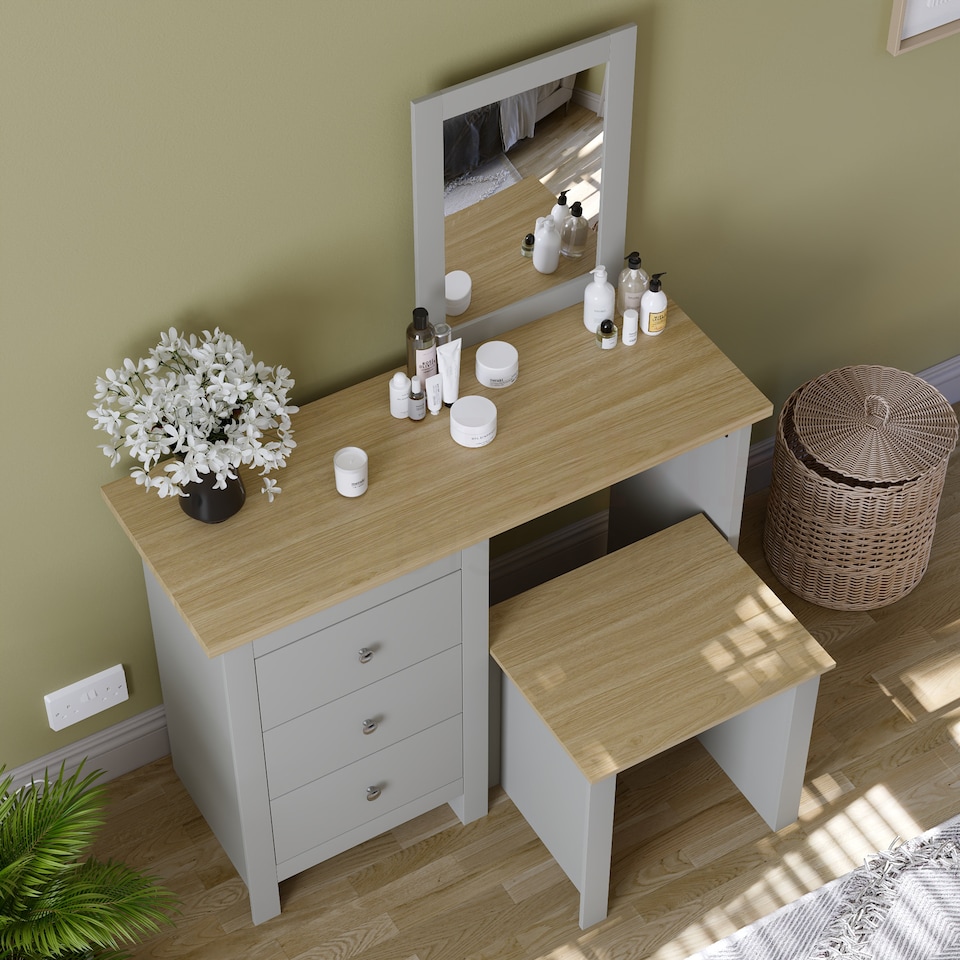 image 1 of Vida Designs Arlington 3 Drawer Dressing Table Mirror & Stool Set Vanity Makeup Desk, Grey & Oak