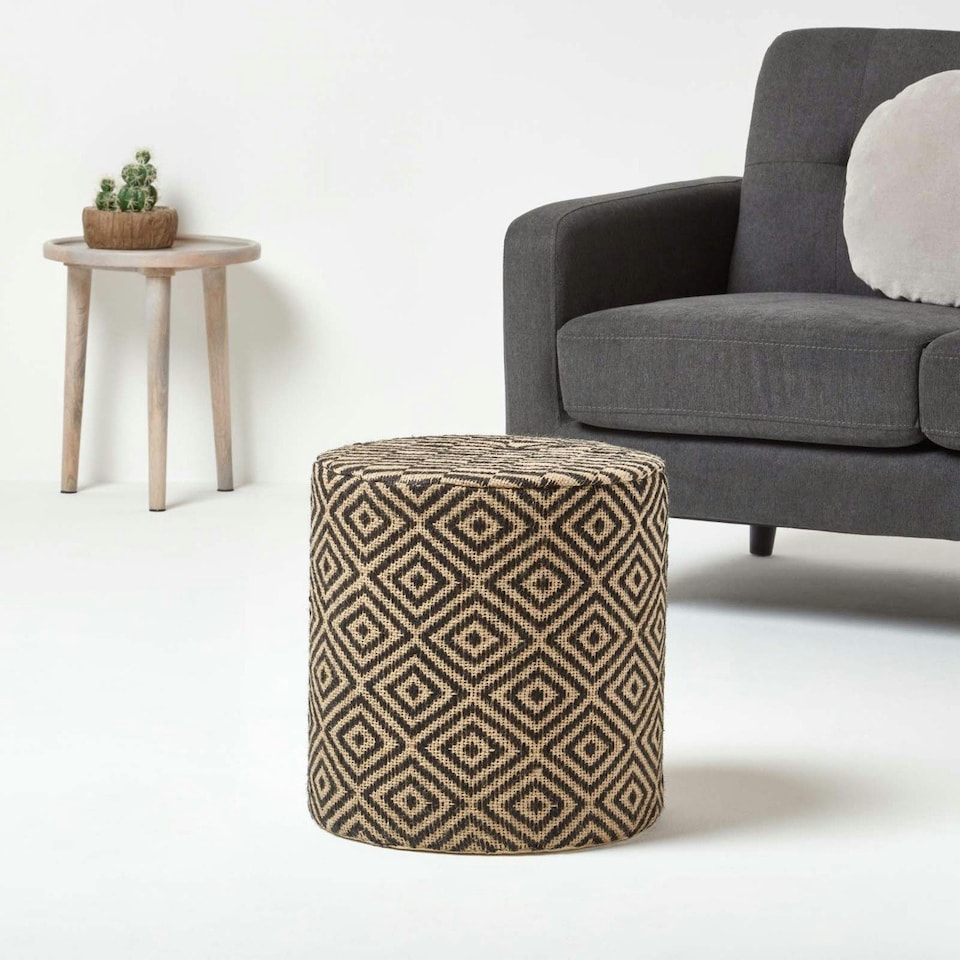 image 1 of Homescapes Jute Round Pouffe Black and Off-White Herringbone Pattern - 40 x 40 x 42 cm