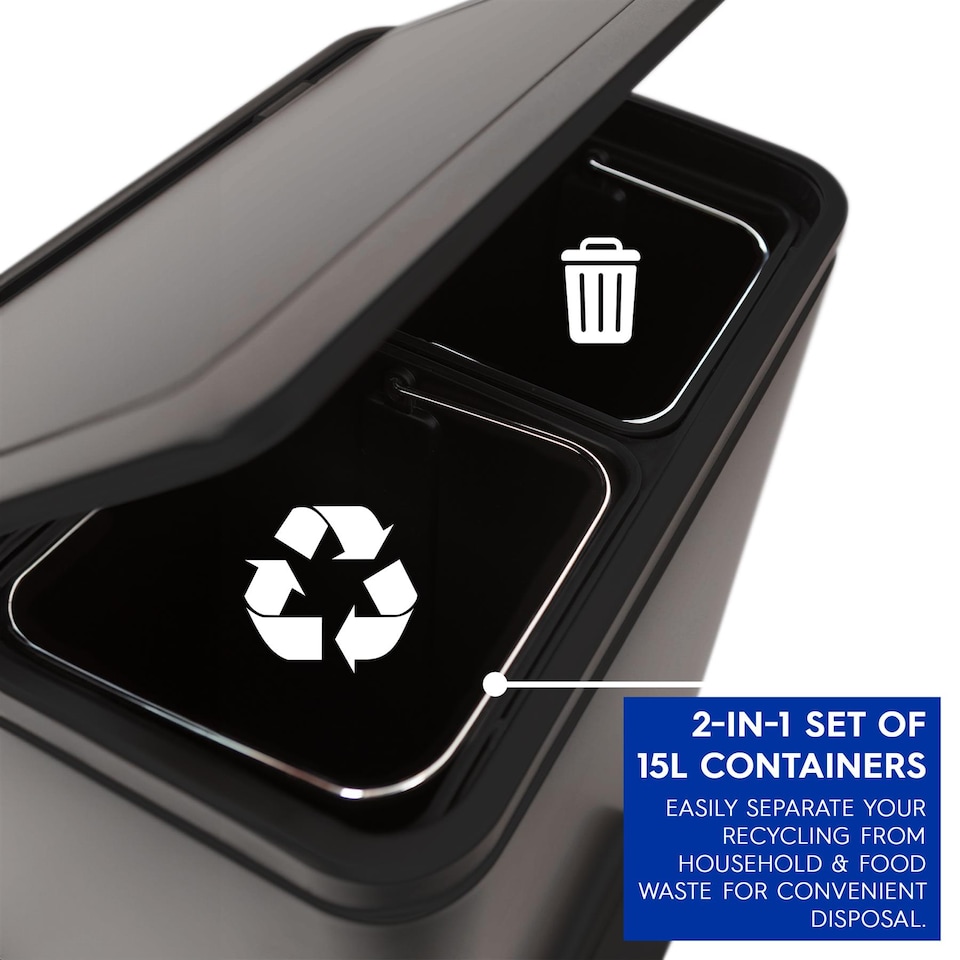 image 1 of Harbour Housewares Stainless Steel Double Kitchen Pedal Bin - 30L (2 x 15L) - Matt Black | Black | Matt Black