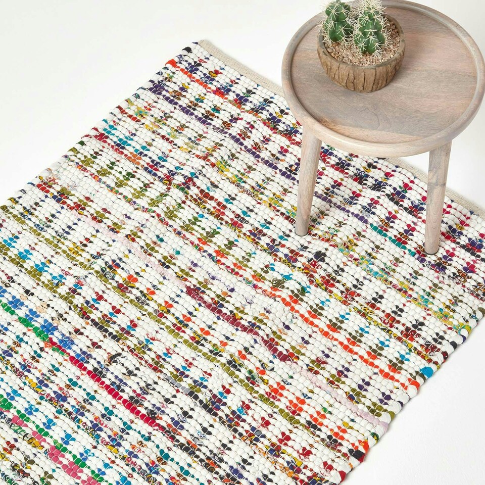 image 1 of Homescapes Handwoven Multi Coloured 100% Cotton Diamond Chindi Rug - 90 x 150 cm Multi | 90 x 150 cm
