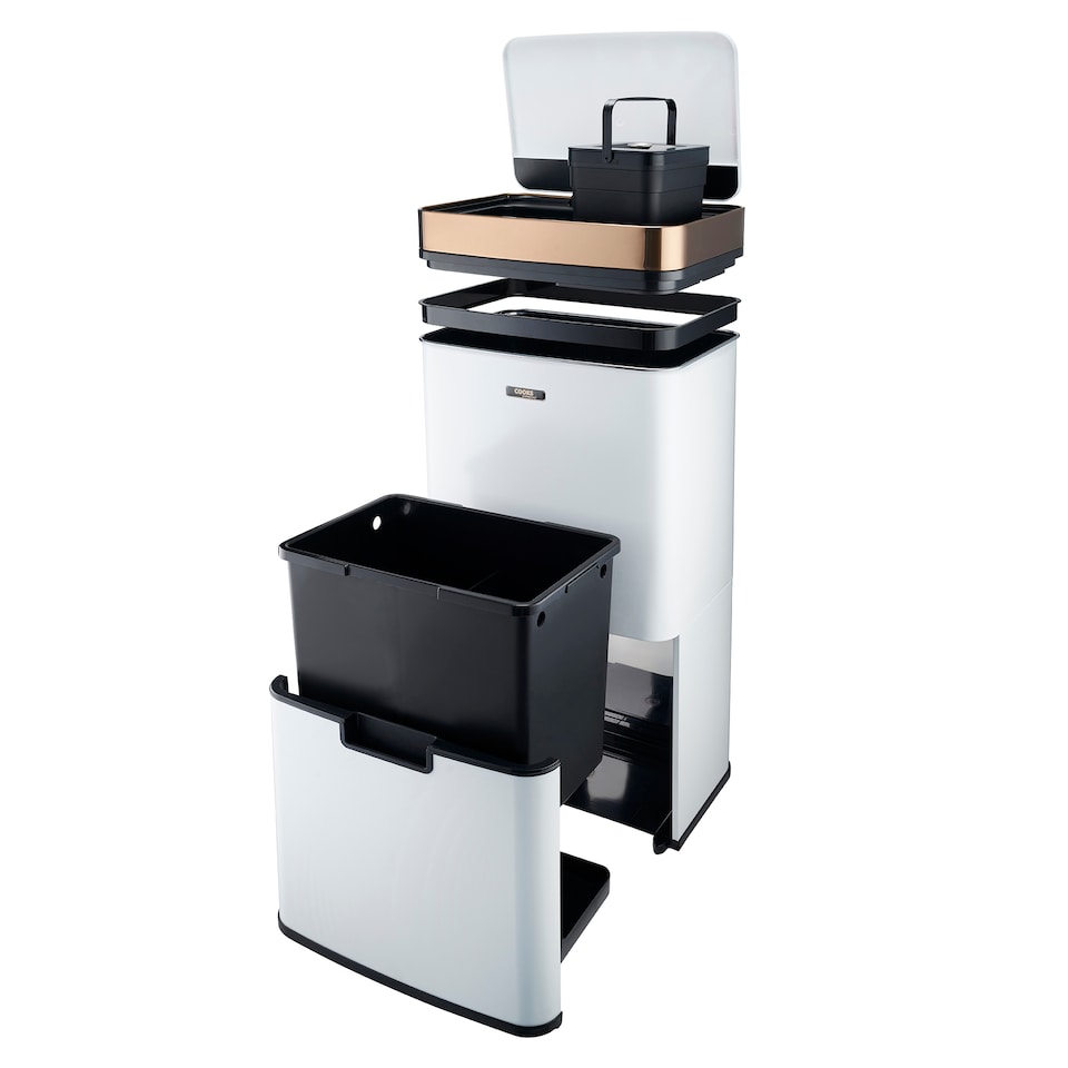 image 1 of Cooks Professional Recycling Sensor Bin 75L with Dual Compartments & Food Caddy | White | White & Copper