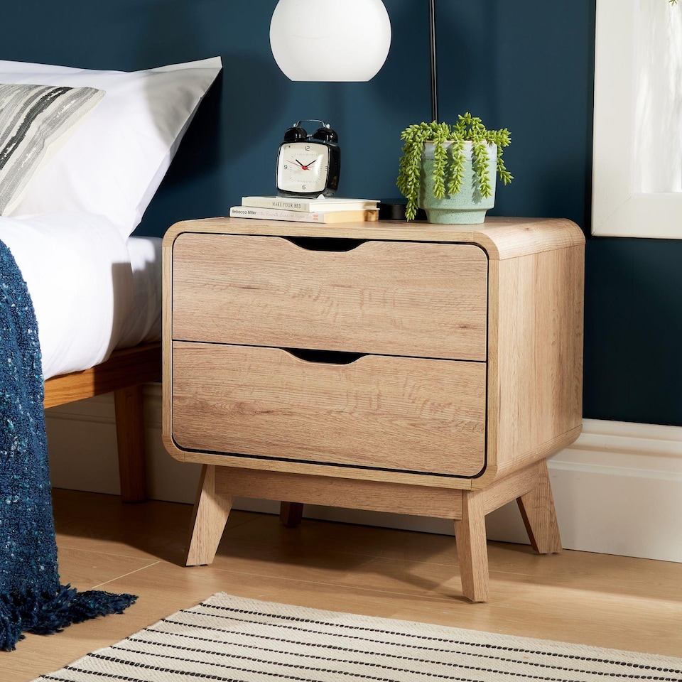 image 1 of 2 Drawer Bedside Oak Effect Scandi Legs Bedroom Furniture Nightstand Table Unit