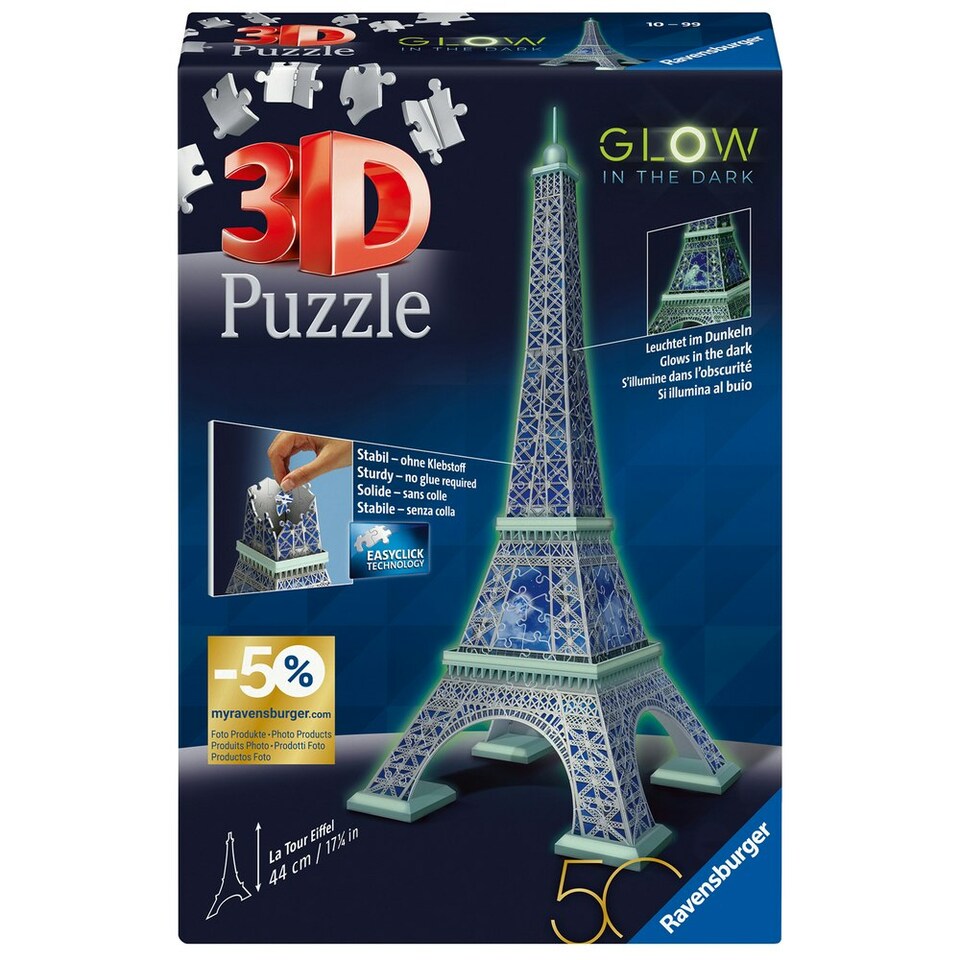 image 1 of Ravensburger Eiffel Tower Glow in the Dark 216 Piece 3D Jigsaw Puzzle