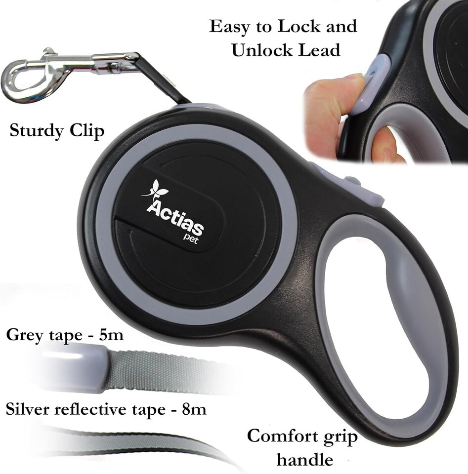 image 1 of Actiaspet Retractable Dog Lead Training Pet Leash 5m Max 50kgs Extendable (Grey)