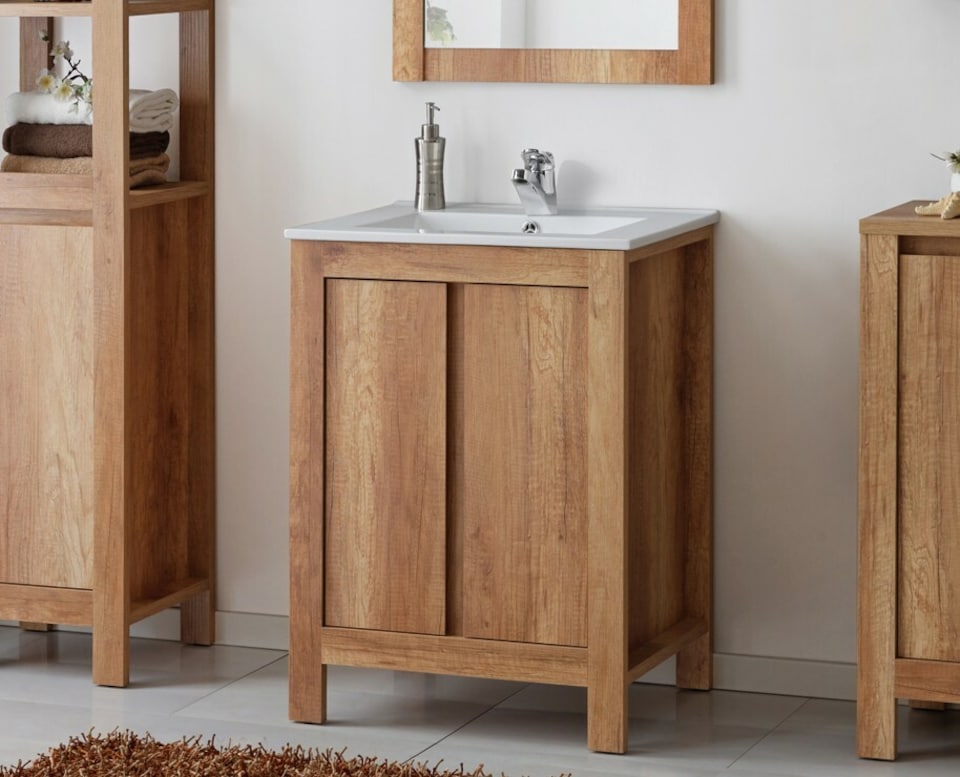 image 1 of Freestanding Bathroom Cabinets Furniture Set 600mm Vanity Unit with Basin Tall Shelf Storage Cabinet Oak Effect Classic
